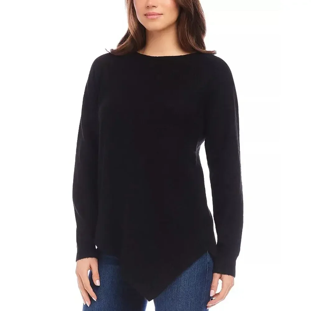 Karen Kane Women Black Knit Asymmetric Hem Casual Crew Neck Sweater Size XL